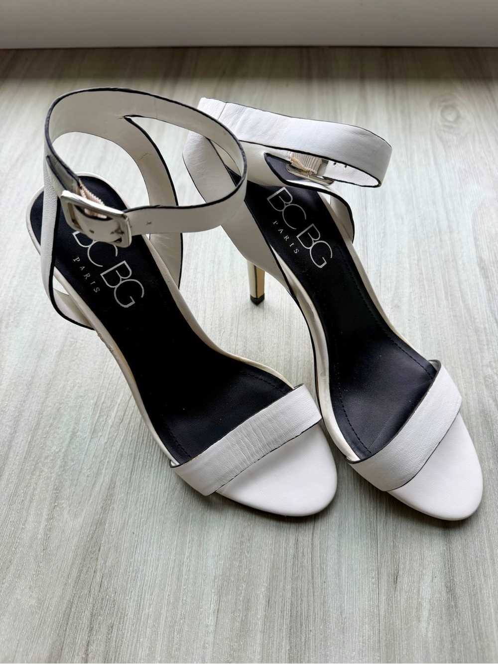 BCBG White Ankle-Strap Stiletto Sandals